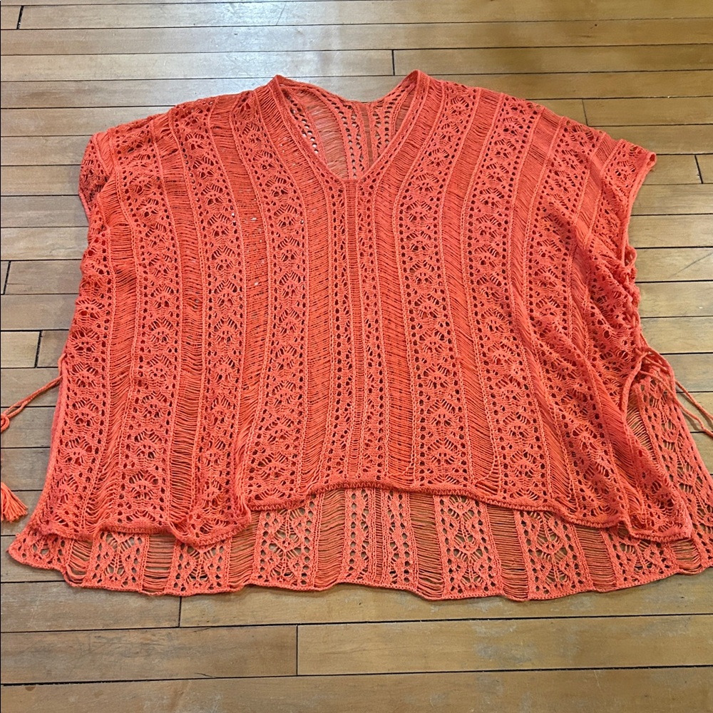 EUC Orange Crochet Knit Poncho Sweater